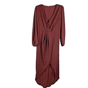 Rust Hi-Lo Dress – Silk-Like Polyester, V-Neck, Long Sleeve, Gathered Waist, XL‎